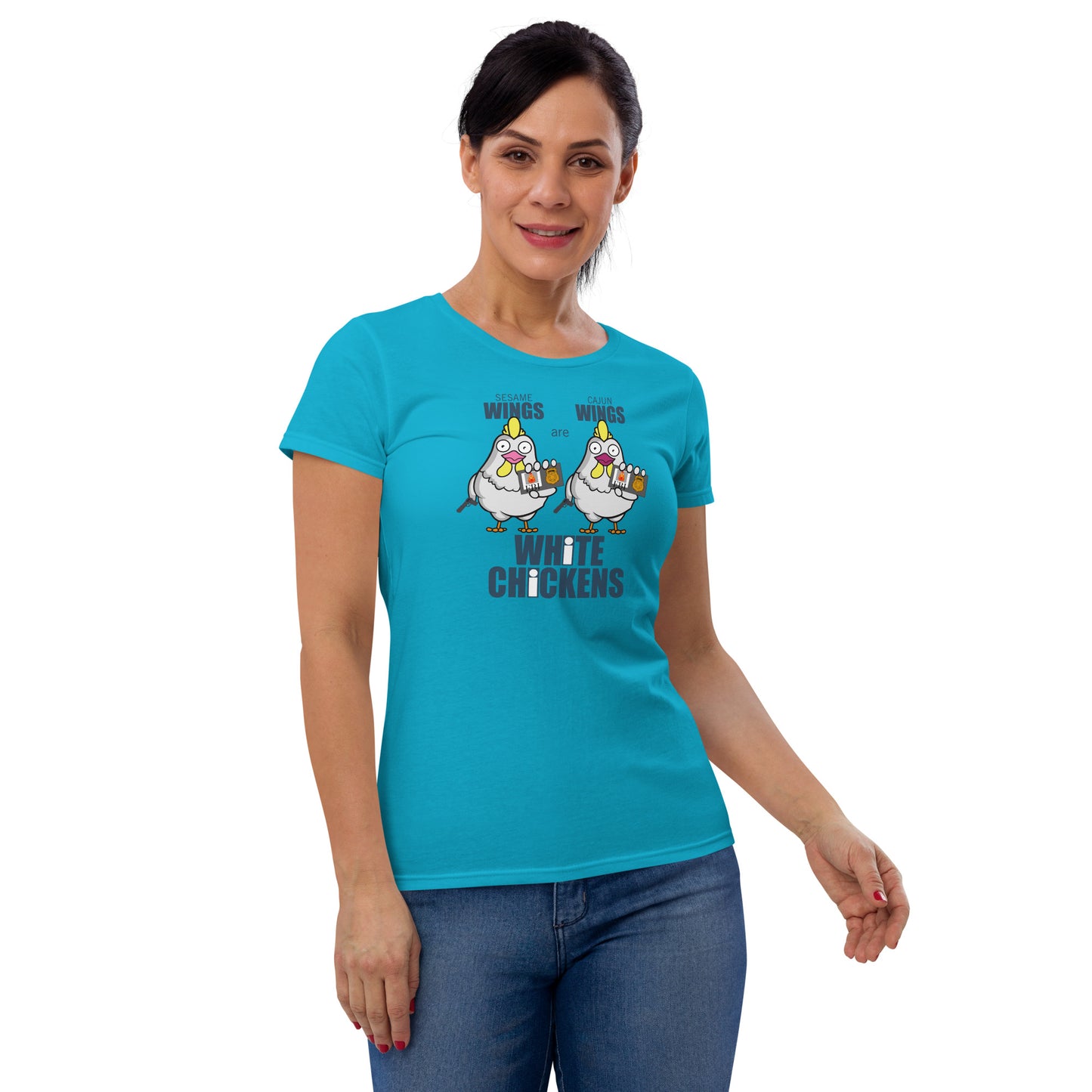 Movie The Food - White Chickens - Women's T-Shirt - Caribbean Blue - Model Front